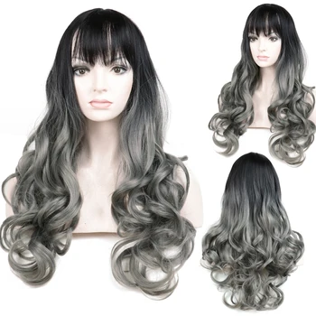 

SHUOHAN 70cm Synthetic Wavy Wig For Women Ombre Black Gray Heat Resistant High Temperature Fiber Long Cosplay SX299