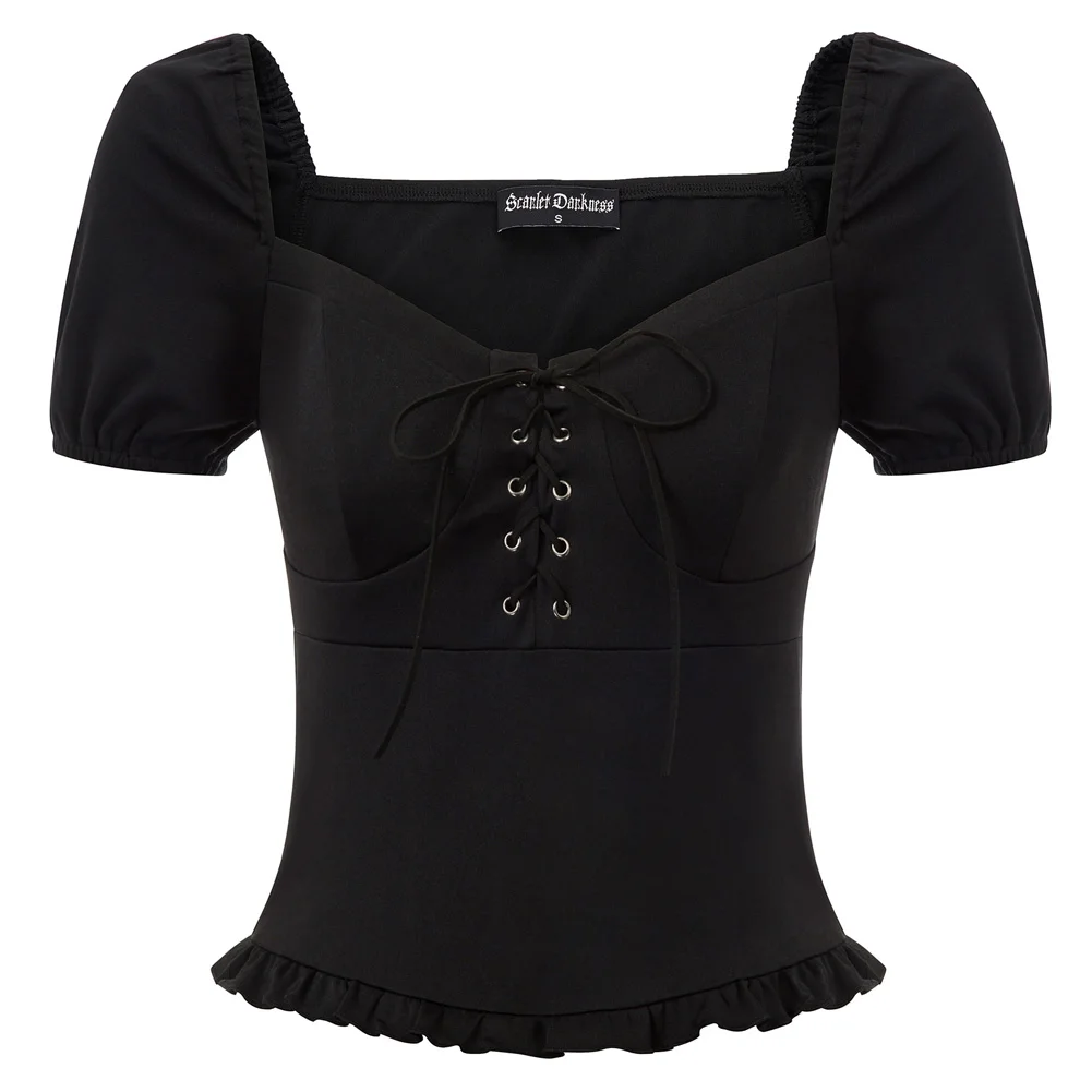 Женская блузка с V-образным вырезом короткими рукавами-фонариками и шнуровкой |