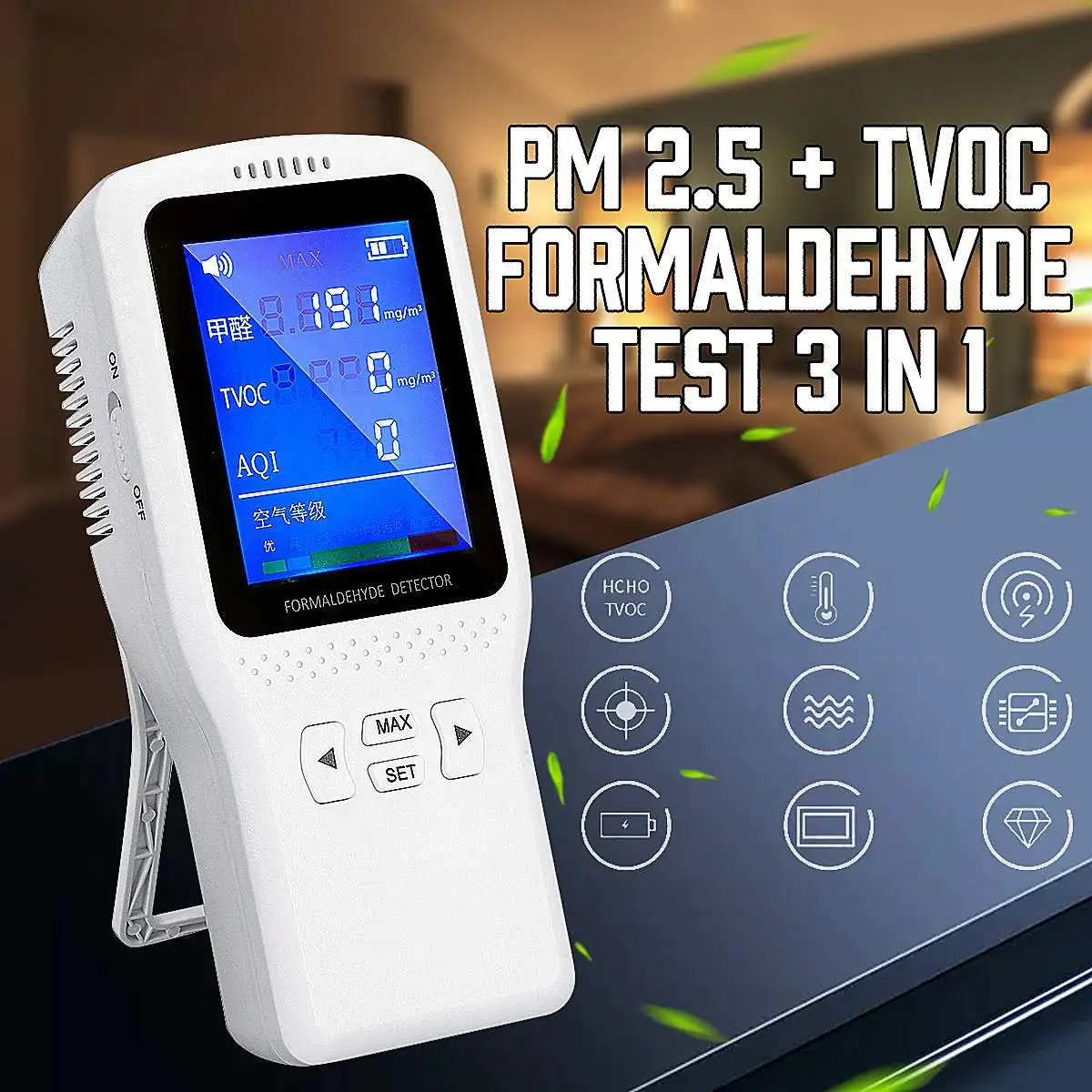 

Technology Formaldehyde HCHO TVOC PM2.5 Gas Analyzer Household PM 1.0 2.5 10 Air Quality Analyzer Tool LCD Digital Detector