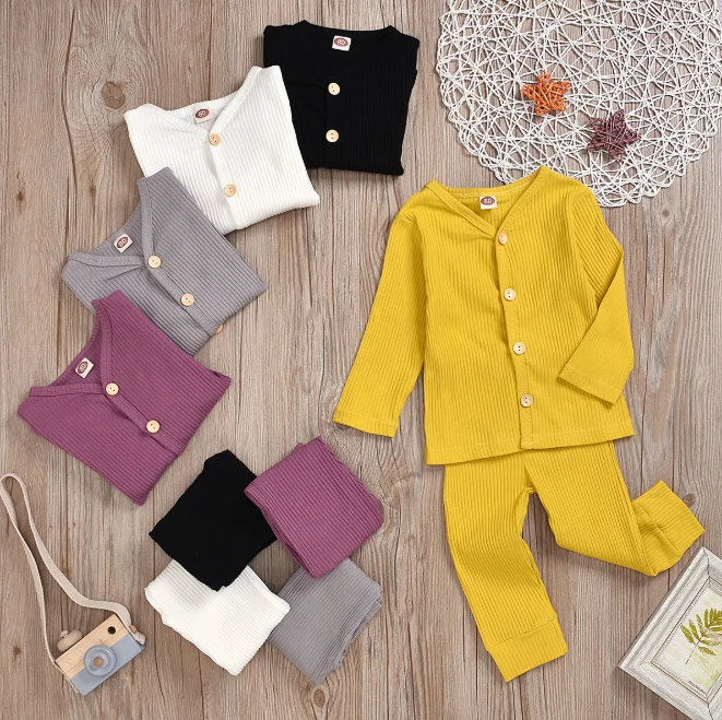 

Autumn Baby Girl Clothes Boy Knitted Long Sleeve Tops Pants Leggings Outfits Clothes Solid Button Babyâ€˜s Sets