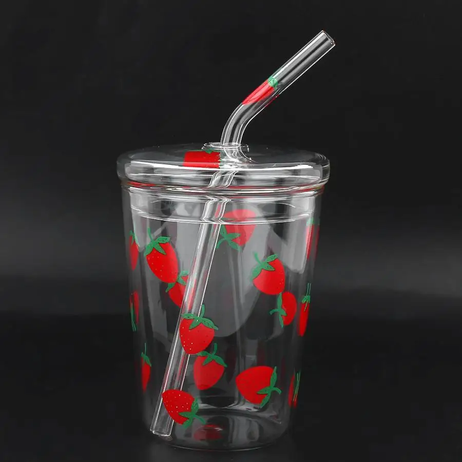Новая стеклянная чашка для питья, жаростойкая, прозрачная, с рисунком клубники, для кофе, сока, для питьевой воды, стеклянная чашка с соломенной крышкой