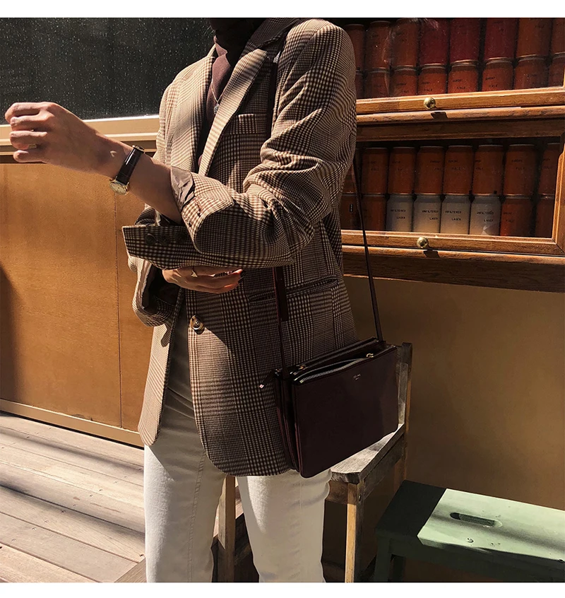 Trytree Autumn Winter Women Casual Coat Vintage Turn-down Collar Single Breasted Plaid Pockets Fashion Office Lady Suit Coat