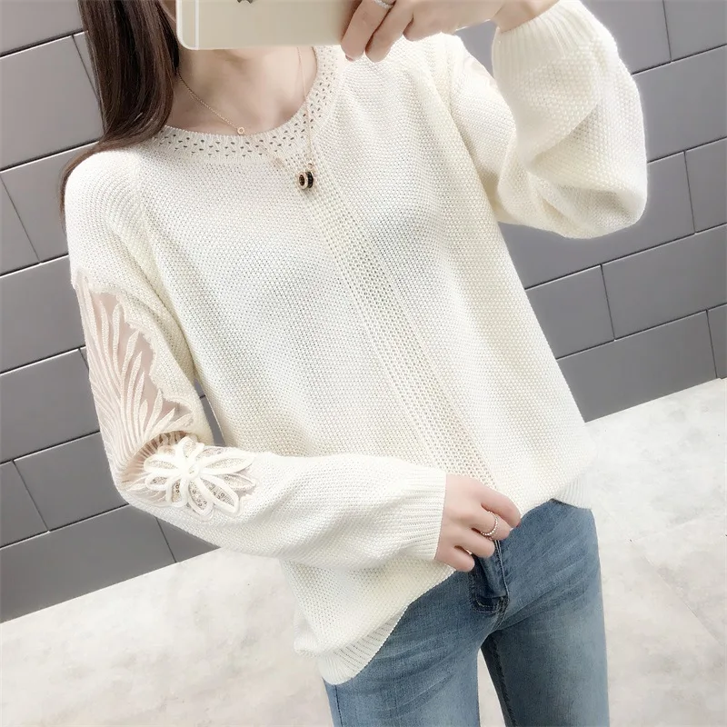 

Women Hollow Out Lace Pullover Sweater Korean Style Cute Knitted Sweaters Jumper Autumn Winter Pull Femme Fall Tops Q9031