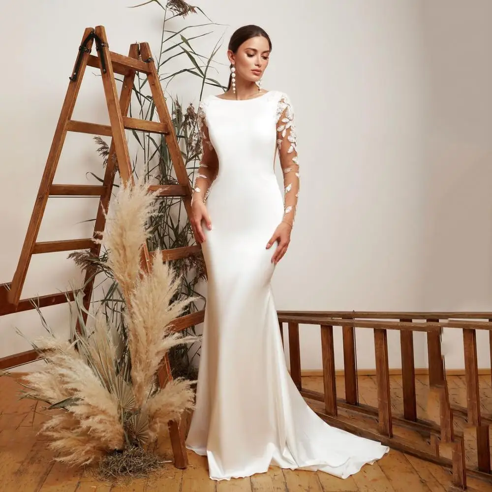 

Thinyfull New Arrival Feather Mermaid Wedding Dresses Long Sleeve O Neck Button Bride Dresses Satin Floor Length Bridal Gown
