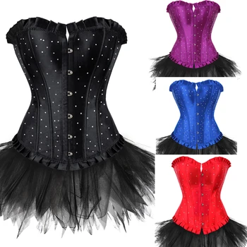 

Grebrafan Gothic Plus Size Rhinestones Corset Lace Up Boned Bustier with Tutu Skirt for Women Club Party Evening New Years Eve