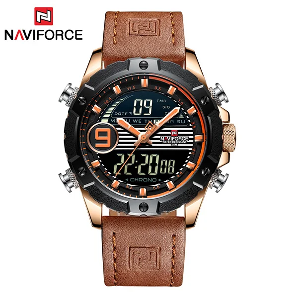 NAVIFORCE Reloj Hombre, наручные мужские часы, Лидирующий бренд, роскошные, натуральная кожа, кварцевые часы, спортивные часы, мужские Relogios Masculino - Цвет: Brown Orange