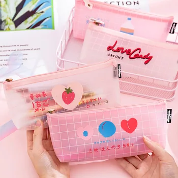 

Kawaii Transparent Pencil Case Cute Pink Grid Pencil Bag For Kids Girls Simple Pen Box School Office Supplies Stationery