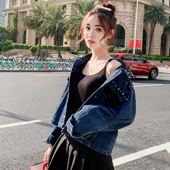

Women Jacket Autumn Spring Thin Jacket Casual Fashion Slim Beading Decoration Denim Jackets Female Short Tops Denim Blue Jackets