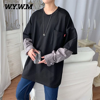 

Wywm 2020 Korean Spring New Fake Two Pieces Splice T-shirt Oversize Men Solid Pocket Clothes Long Sleeve Casual Cotton 100% Tee