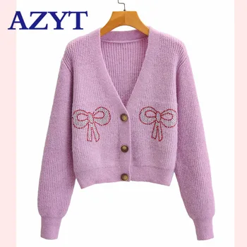 

AZYT Autumn Women's Sweater Cardigan 2020 New Diamonds Knitted Female Cardigan Jacket Cute Print V Neck Women's Sweater Coat