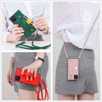 

Wrist band Square phone case For iphone SE2 11 pro Xs max XR 8 7 6 6S plus Crossbody case with strap Card slot phone stand cover