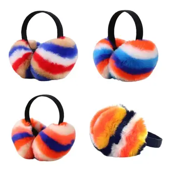 

Women Winter Fluffy Plush Earmuffs Rainbow Colorful Stripes Collapsible Headband