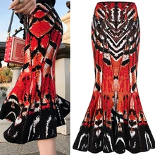 Взлетно-посадочной полосы миди юбка «рыбий хвост» Для женщин модные абстрактные бабочки жаккардовая вязаная юбка Женская карандаш с завышенной талией юбка покроя "Русалка"