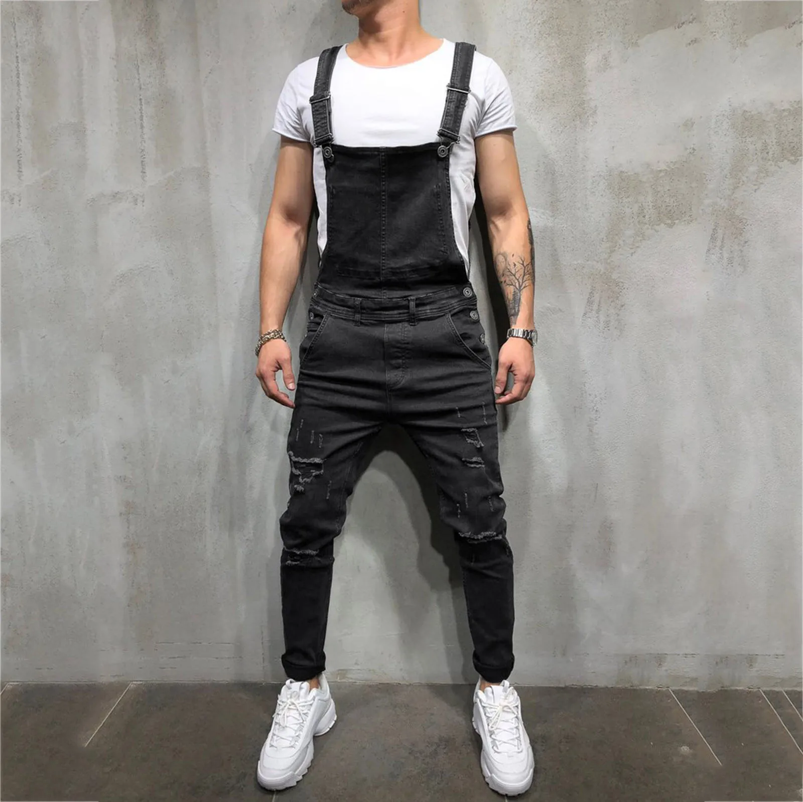 Pantalones vaqueros desgastados para hombre, petos vaqueros rasgados informales, ropa de un Color