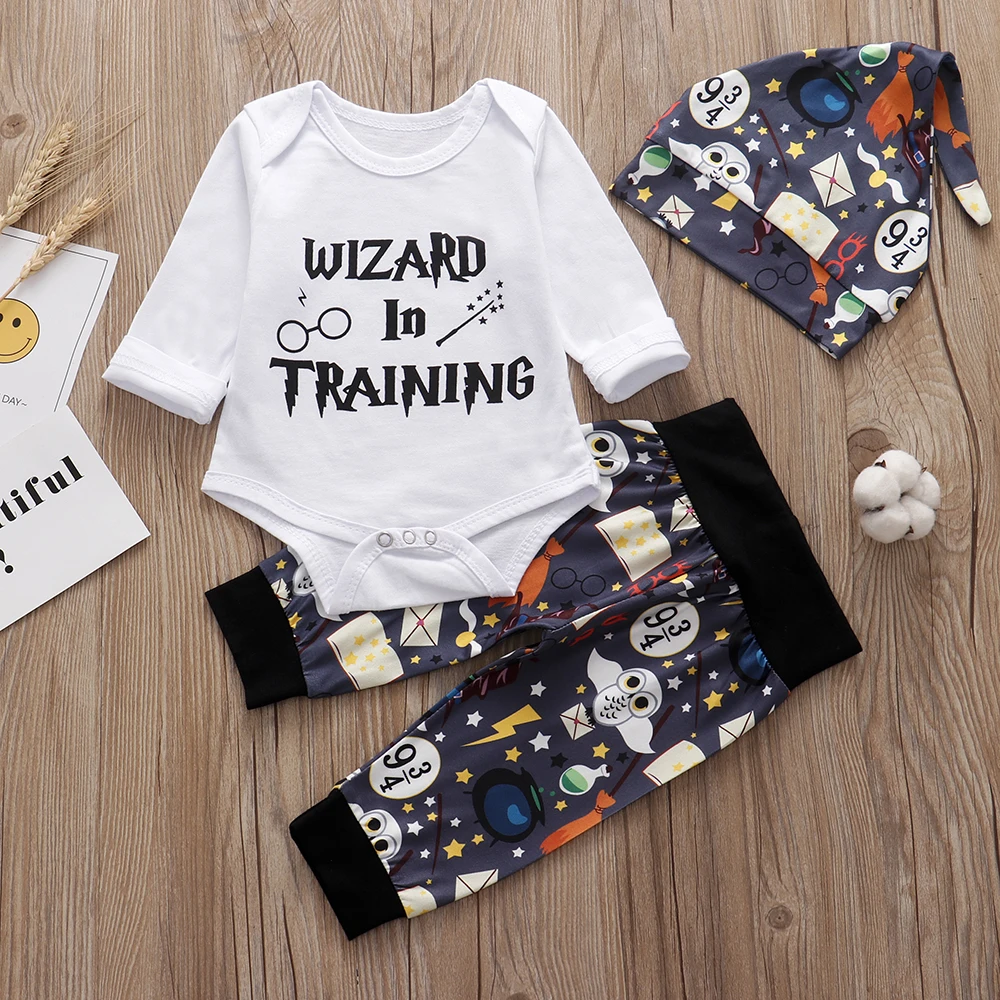 Infant Baby Clothing Set 2019 Summer 3PCS Sets Wizard In Training Romper+ Stripe Pants+Hat Newborn Outfits | Детская одежда и