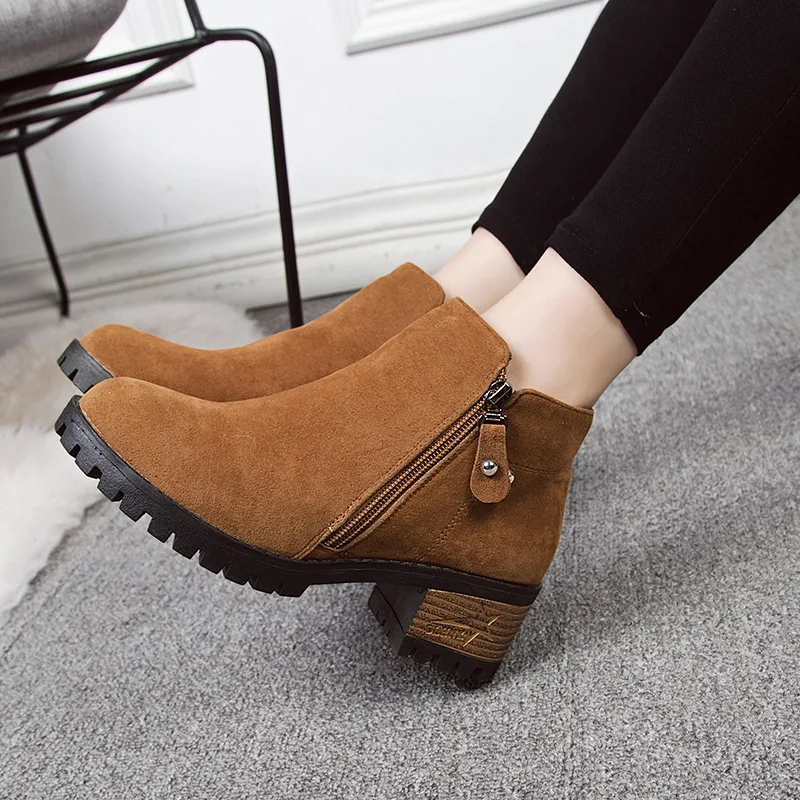 

Round Toe Fashion Flock Ankle Boots Women Low Platform Solid Chelsea Boots Square Heel Casual Zip Concise Winter Shoes Plus Size