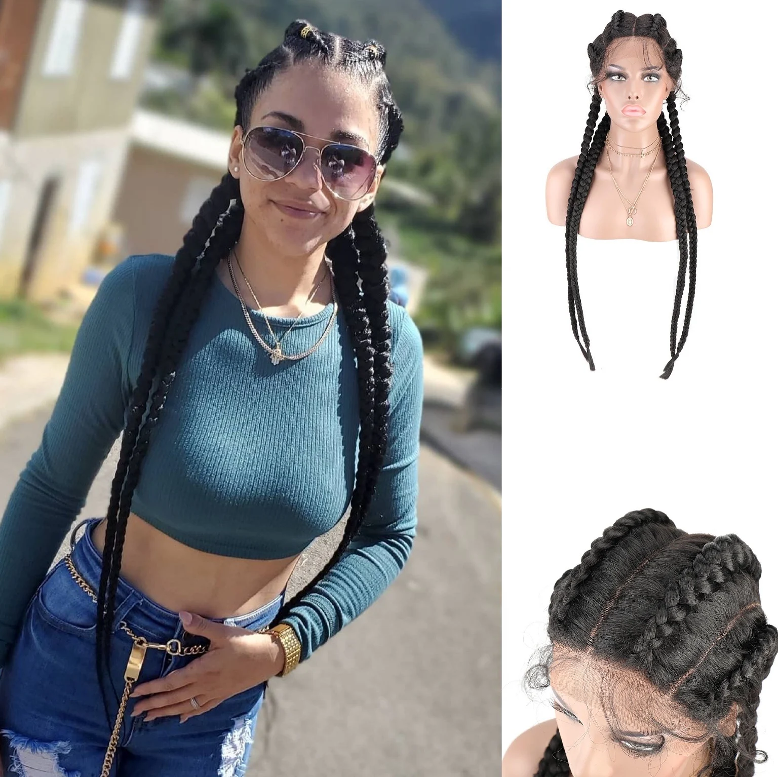 Photo Product Synthetic Lace Front Wig Braided 4 Braids Black Ombre TOOCCI 30 inch Baby Hair Box Braiding Cornrow Braids African Black Women