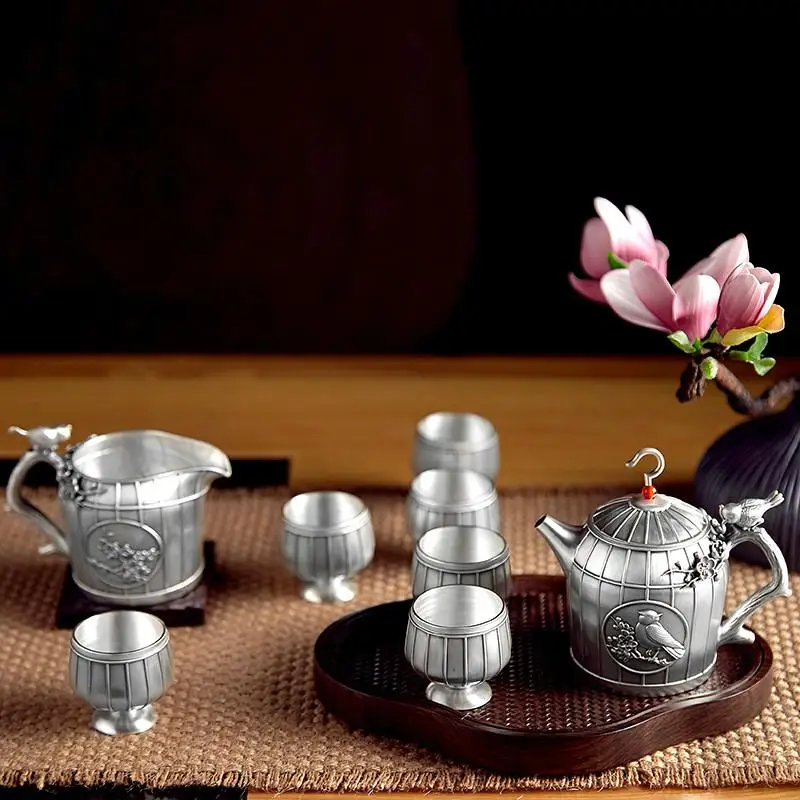 Серебро 999 Набор чашек для чайника ручной работы Linglong Teaware Серебряный подарок - Цвет: Weighing about 695g