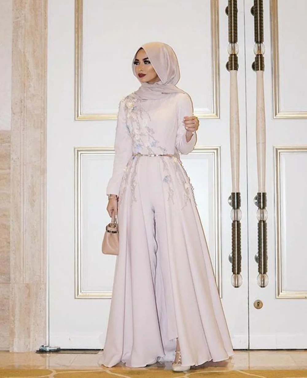 

Ivory Long Sleeve Muslim Evening Dress 2021 Embroidery robe soiree Islamic dubai Hijab Evening Gowns Pantsuit Formal Prom Dress