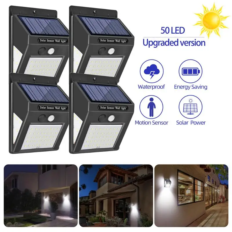 

50 LED Solar Powered Light Three-sided PIR Motion Sensor Street Light Wall Lamp IP65 Waterproof Yard Garden Light