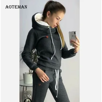 

Spring Autumn Women Set 2020 Casual Fur Lining Pullover Hoodies Sweatshirt Tracksuits Warm Solid Hoodies Pants Set Female