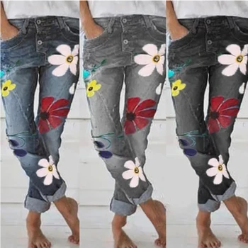 

women jeans printed slim denim grey black dark blue trousers floral printed casual denims pants loose and casual jesns