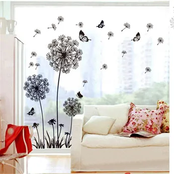 

DIY Simple Style Black Dandelion Wall Sticker Butterfly Decal Glass Windows Bedroom TV Sofa Background For Room Decor Art Mural