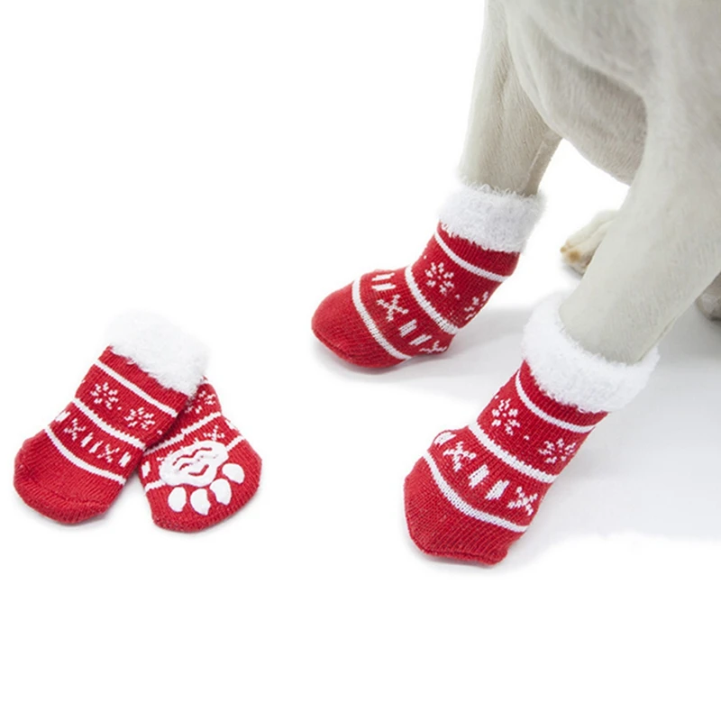4pcs Cute Christmas Dog Cat Shoes Anti-slip Socks For Christmas Warm Puppy Dogs Knit Socks Snowflake Print Cats Shoes Boots