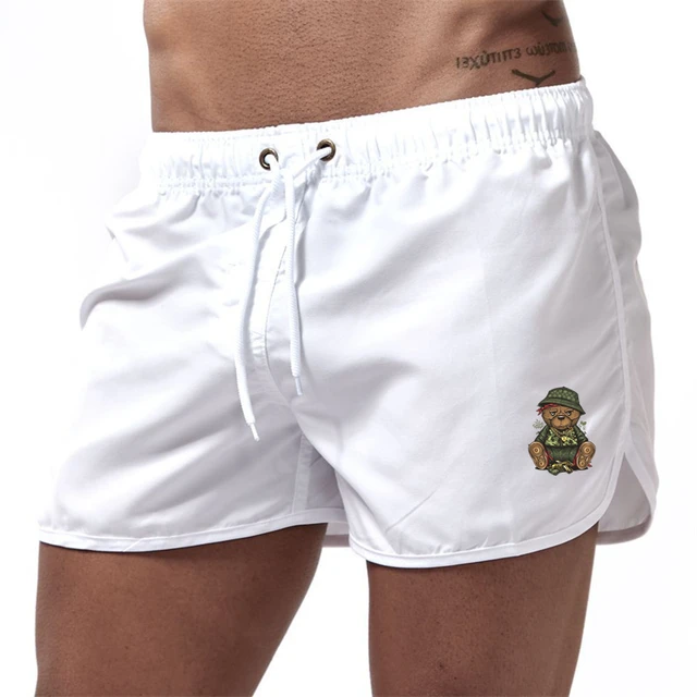 Summer Men's Swimwear Bear Printed Shorts Brand Beachwear Sexy Swim Trunks Men Swimsuit Low Waist Breathable Beach Surfing white