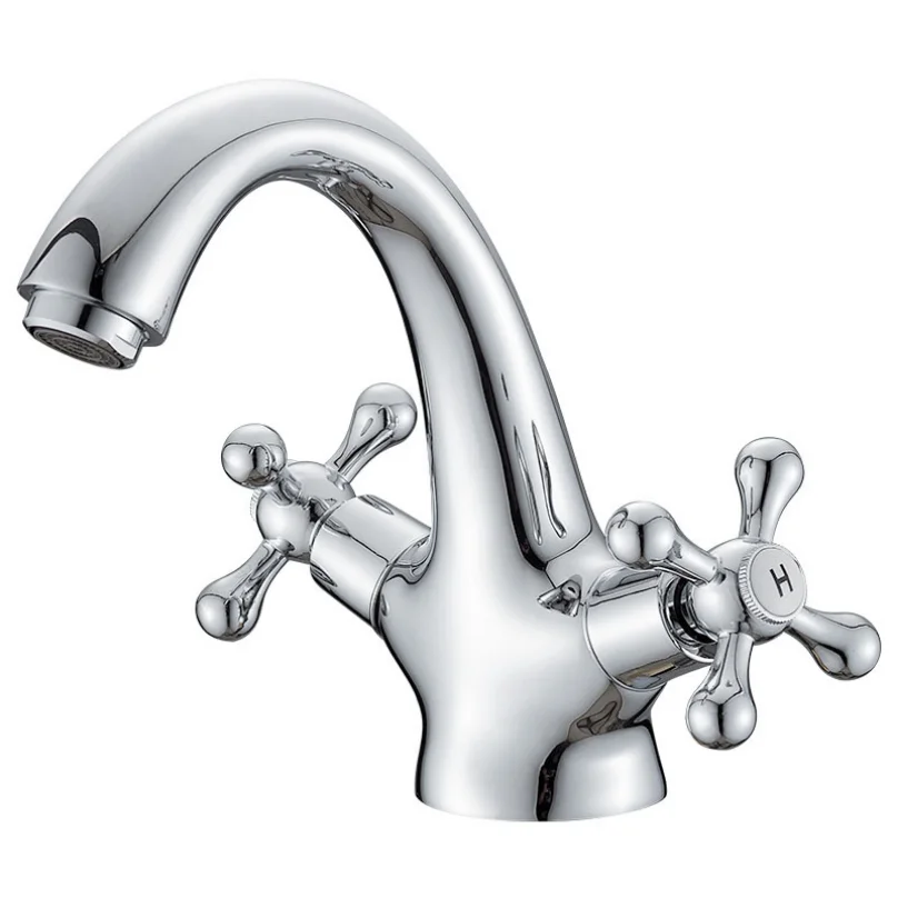Brass European Double Switch Double Control Basin Hot And Cold Water Mix Faucet Home Hotel Counter Basin Tap Washbasin Bibcock - Color: Plating silver