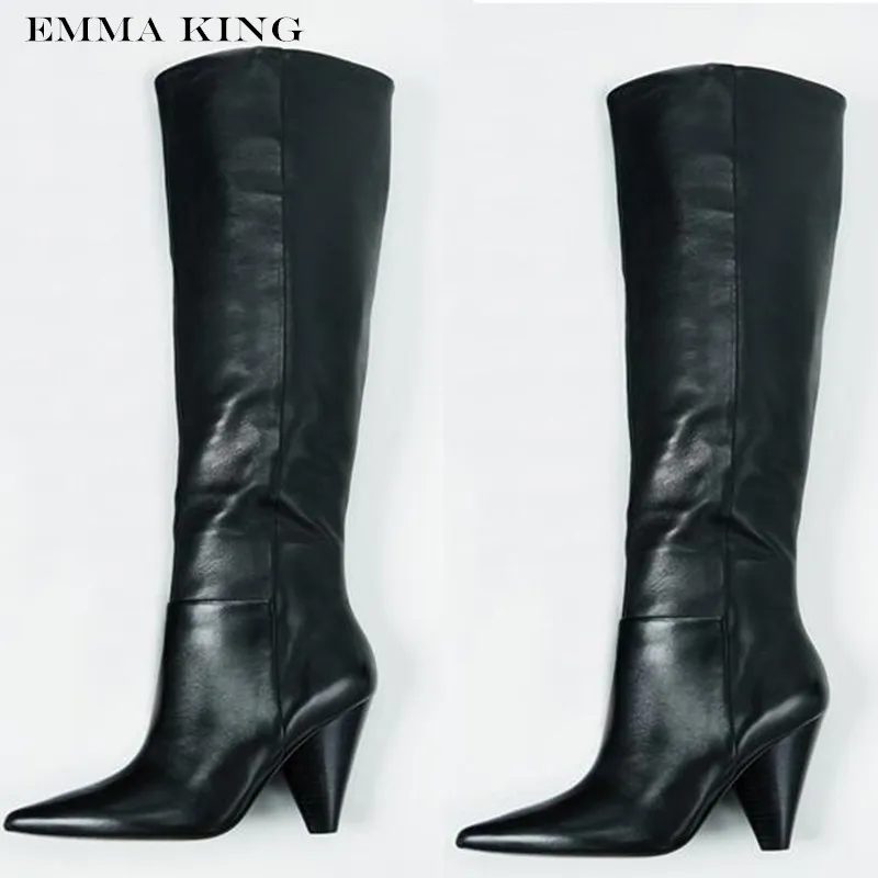 Emma king/; модные зимние женские сапоги до колена из натуральной кожи на КОНУСНОМ каблуке; обувь с острым носком; цвет черный, розовый