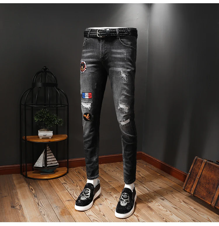 Осень зима новые рваные джинсы для мужчин Уличная Вышивка джинсы Slim Fit Брюки
