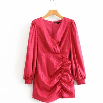 

2020 women elegant cross v neck dots print casual pleated mini dress female lantern sleeve dresses stylish vestidos mujer DS3137