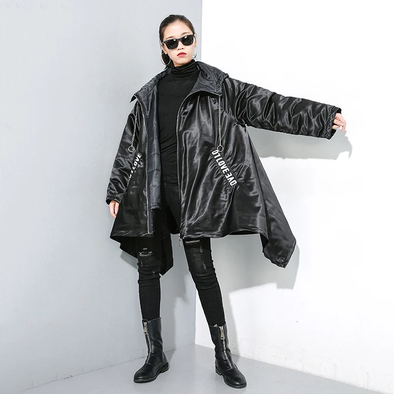 [EAM] Свободная черная Асимметричная куртка с буквенным принтом, Новое Женское пальто с капюшоном и длинным рукавом, модное осенне-зимнее пальто 19A-a256