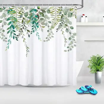 

Home Decor Green Plant Leaves Print Shower Curtains Simple Elegant Curtain for Bathroom Waterproof Polyester Fabric Bath Screens