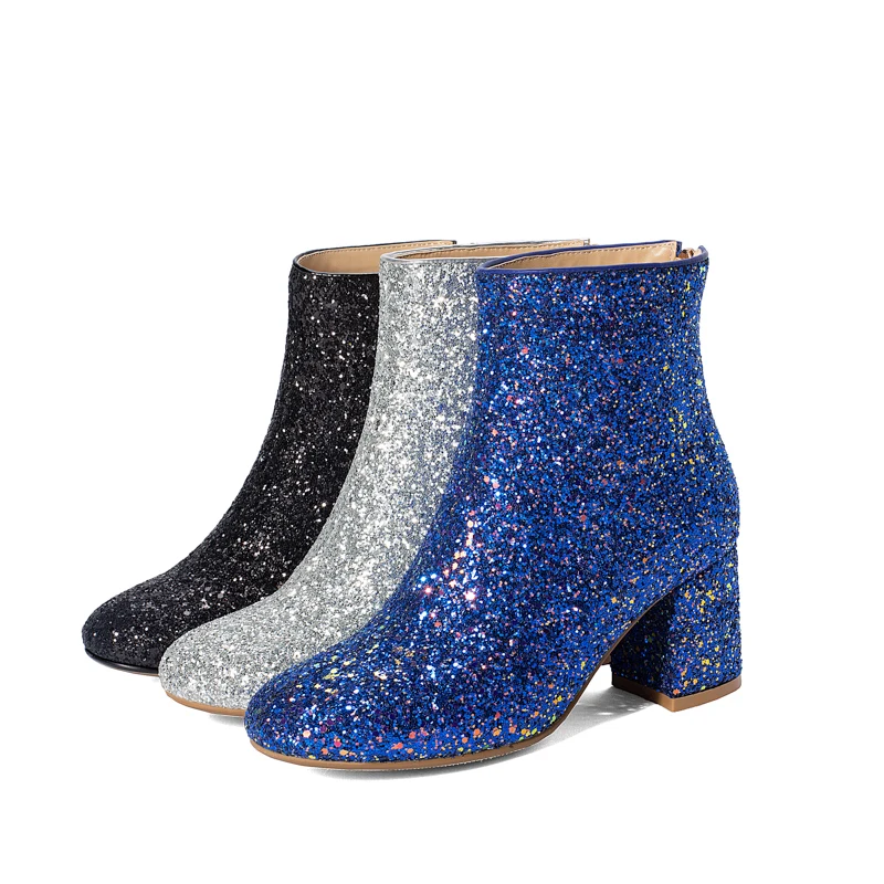 

HKJL 2019 autumn and winter new sequins cloth square head with high-heeled ankle boots women's boots fashion boots tide Z205