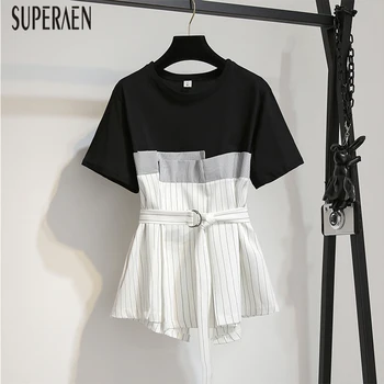 

SuperAen Short Sleeve T-shirt Women 2020 New Summer Cotton Ladies T Shirts Fashion Korean-style Striped Tops Female
