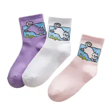 Новые 3 пары в стиле Харадзюку для женщин и девочек, в стиле хип-хоп, длинные носки с милыми животными, котом, хлопковые, с рисунком