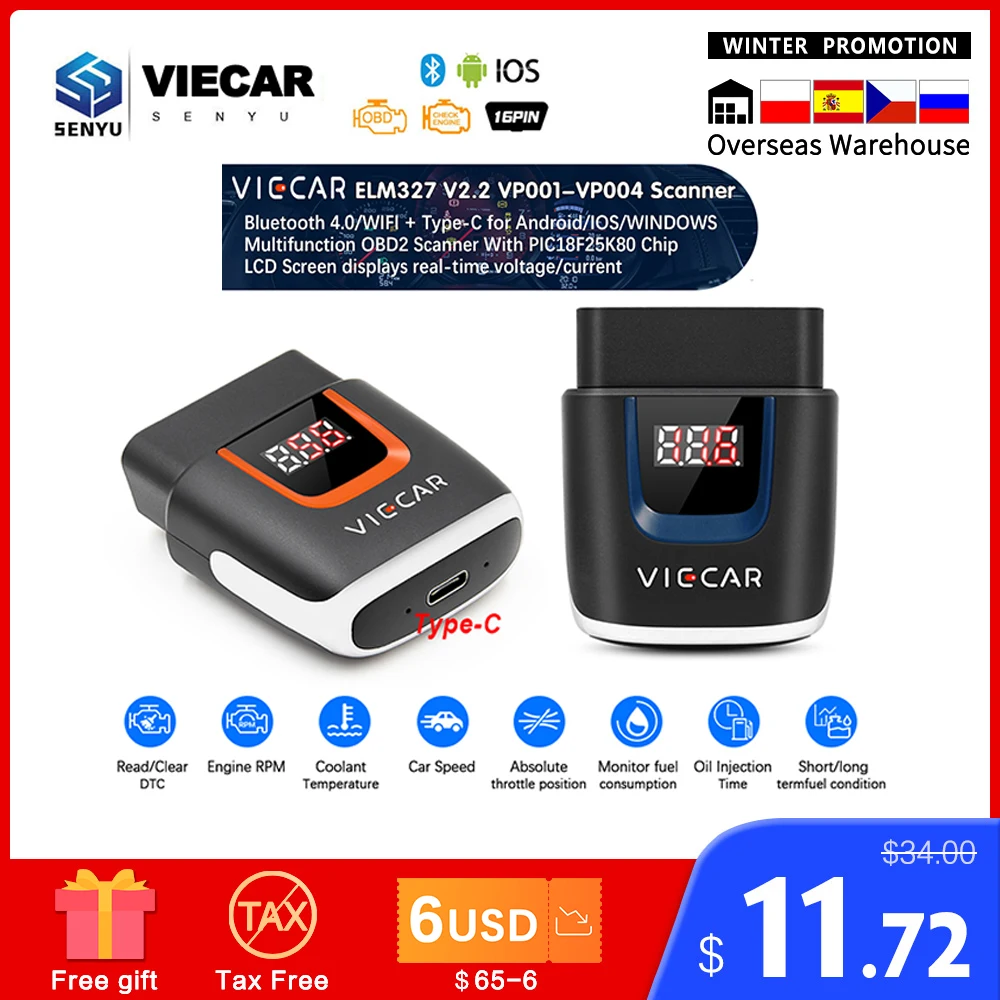 Viecar ELM327 V2.2 PIC18F25K80 OBD2 Bluetooth 4 0 WIFI ELM 327 USB сканер автомобильный инструмент OBD 2