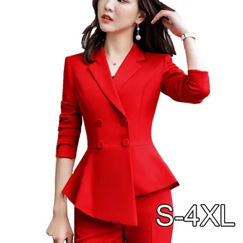 

Women Red Blazer Slim Spring Autumn New Elegant Office Lady Jacket Work Suit Ruffled Double Breasted Blazer Solid