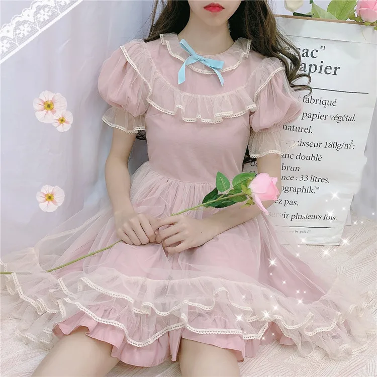 Летнее японское кружевное розовое платье в стиле Лолиты для девочек-подростков; мягкие милые женские платья трапециевидной формы с оборками и короткими рукавами; вечерние мини-платья в сеточку