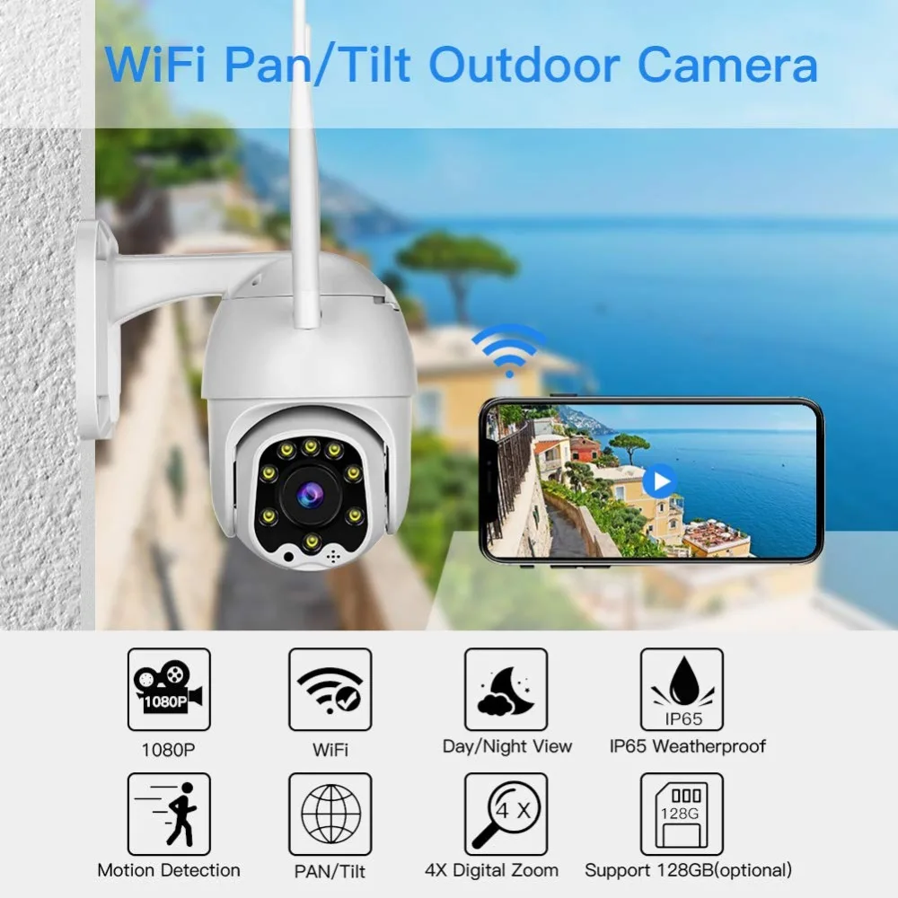 1080P PTZ купольная камера с автоматическим отслеживанием, беспроводная Wi-Fi ip-камера, скоростная купольная панорама наклона, 4-кратный цифровой зум с двухсторонним аудио слотом для sd-карты
