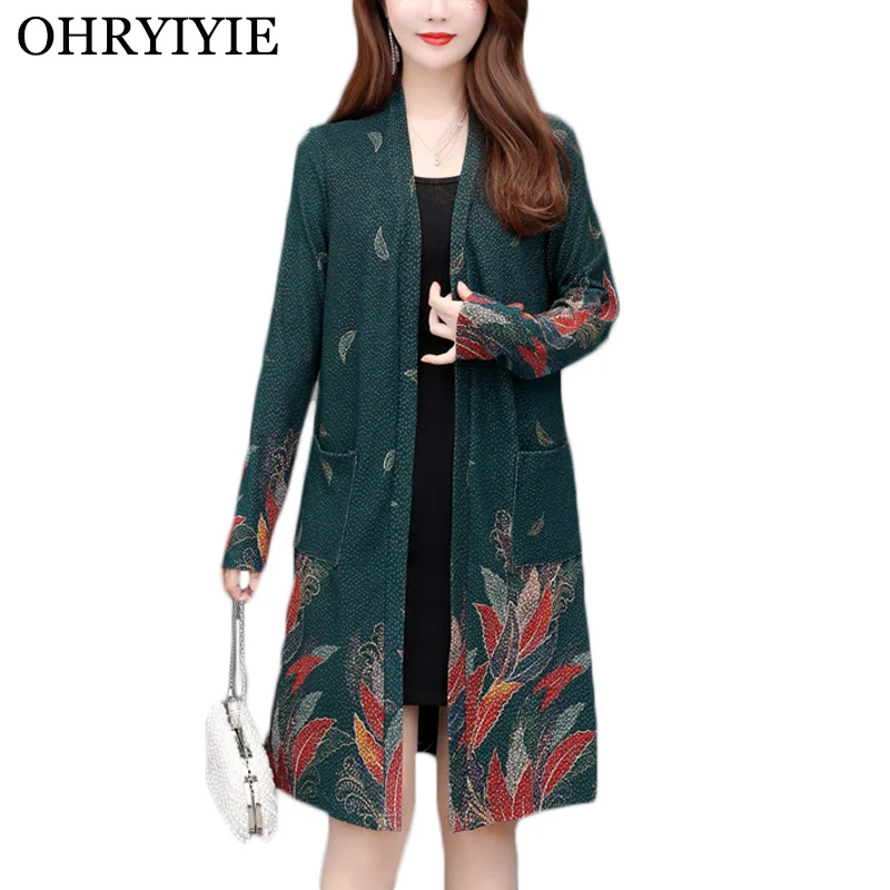OHRYIYIE Plus Size 5XL Vintage Printed Cardigan Sweater Women 2020 Spring Autumn Long Knitted Sweaters Female Warm Outwear Coat |