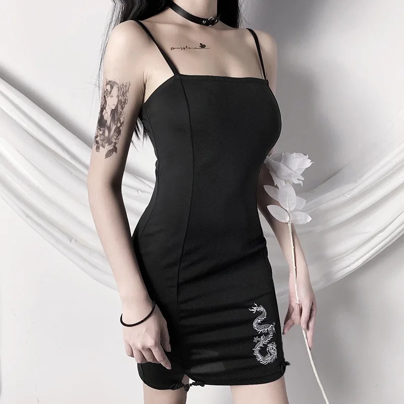 Black Dark Goth Woman Tight Dress 2020 Lady Chinese Dragon Print Gothic Split Hip Hipster Punk Strap Sleeveless Backless Dresses