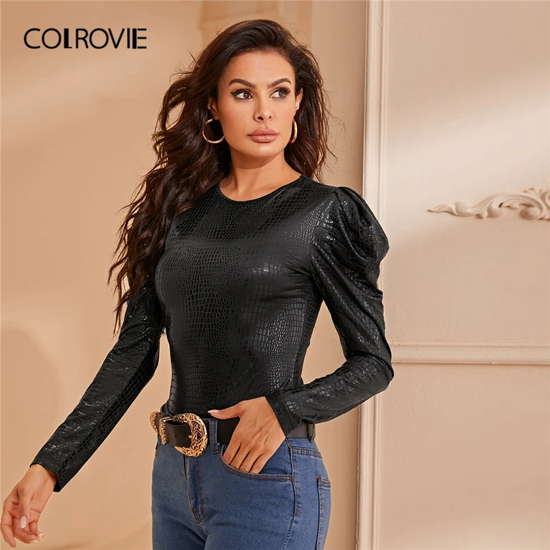 Comprar Camiseta ajustada para mujer con estampado de cocodrilo y manga de Gigot negra para primavera 2020