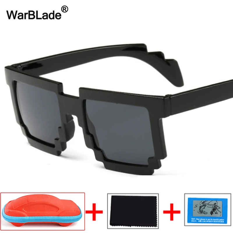 Модные детские солнцезащитные очки WarBLade, детские солнцезащитные очки меньшего размера, мозаичные очки для мальчиков и девочек, квадратные очки с пикселем, чехол - Цвет линз: black redcase