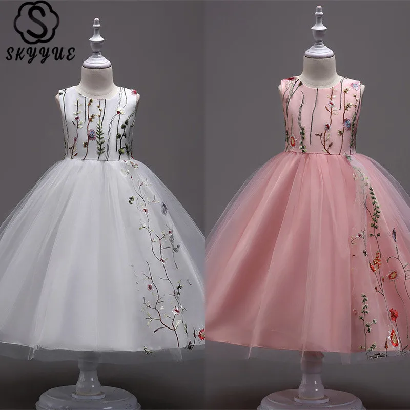 Skyyue/пышное платье из тюля для девочек платья без рукавов с круглым вырезом и цветочным узором для девочек на свадьбу, платье для причастия с