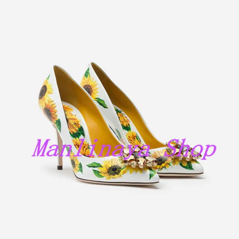 2021 얇은 뒤꿈치 인쇄 해바라기 여성 펌프 지적 발가락 Rhinesstone 여성 신발 Slingbacks 크리스탈 꽃 슬립 여성 펌프에