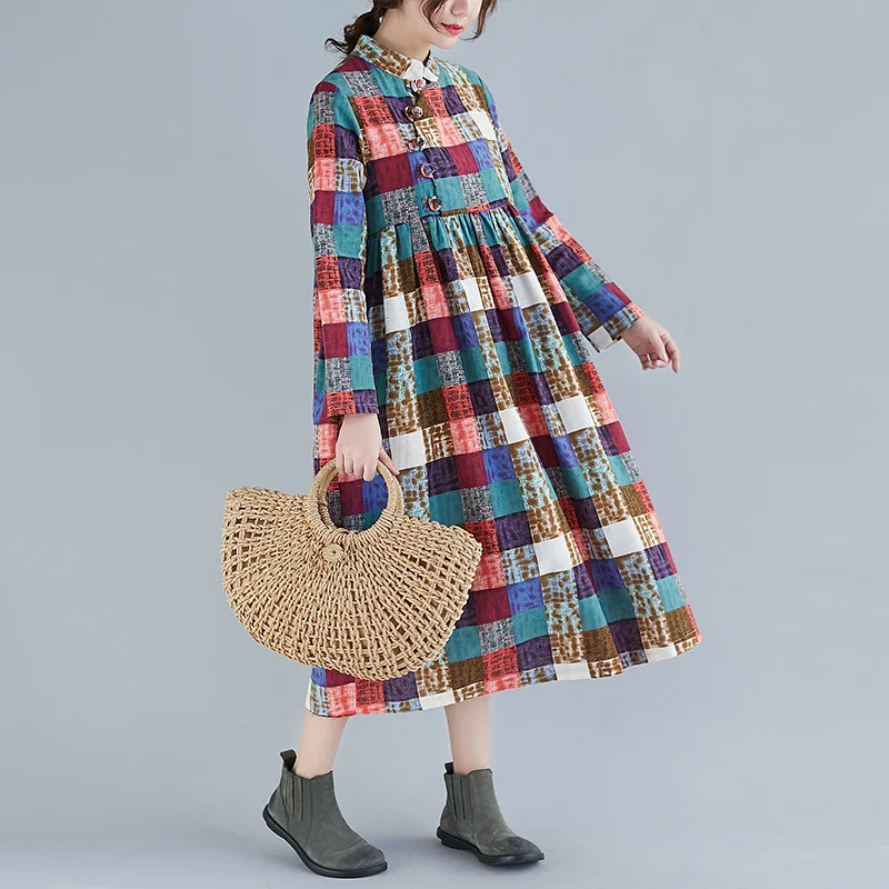 Johnature Vintage Dress 2020 New Spring Women Clothes Loose Print Stand Collar Leisure Concise Pleated Comfortable Dresses | Женская
