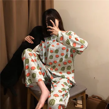 

New Pajamas Autumn Korean Fashion Printed Long-sleeved Trousers Suit Cute Round Neck Slim Home Service Pullover Nightgown Women